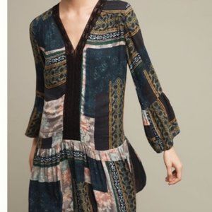 Anthropologie Maeve graphic patchwork 3/4 sleeve v-neck mini tunic Dress women S